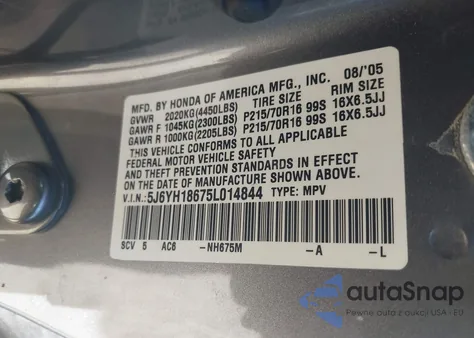 2005 Honda Element Ex from USA, damaged, VIN 5J6YH18675L014844